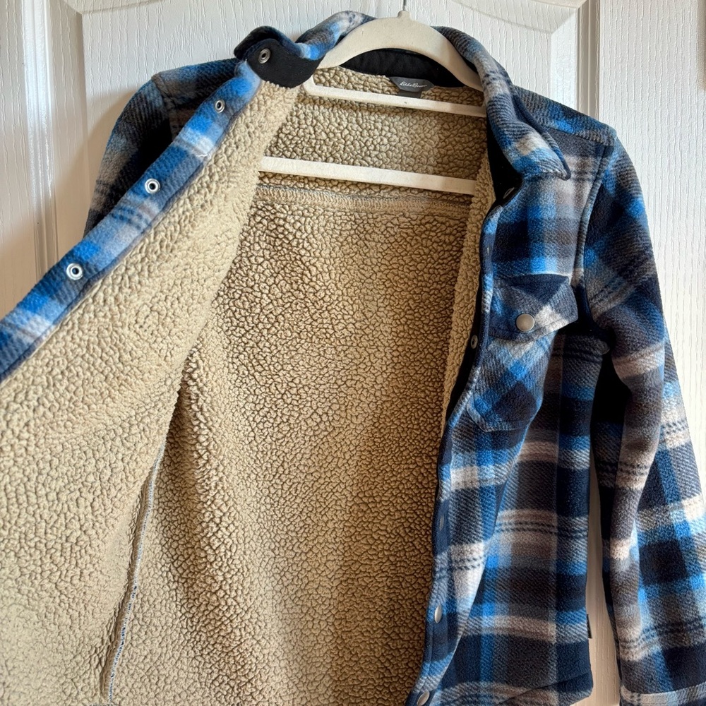 Boys Eddie Bauer Flannel Blue Plaid Sherpa Lined  size 10/12 - Picture 5 of 8